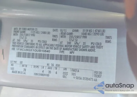 2016 Ford Escape Se from USA, damaged, VIN 1FMCU9GX1GUB10840